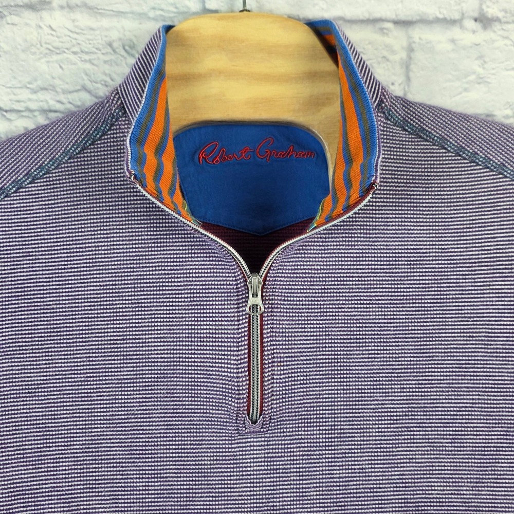 Robert‎ Graham Mens Purple Striped Quarter Zip Flip Cuff Pullover Sweater Large